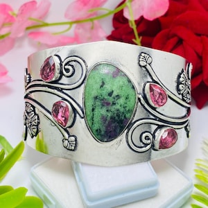 Bracciale rigido con rubino zoisite e tormalina rosa, placcato in argento sterling 925, bracciale rigido floreale, gioielli fatti a mano