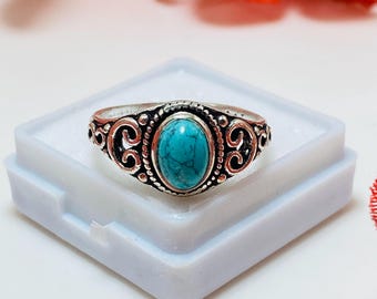 Blue turquoise Wire Designer Band Ring Boho-Hand Made 925 Sterling Silver Plated Jewelry