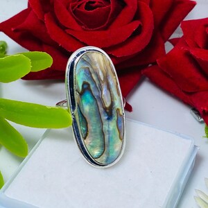 Op de afbeelding: Een ovaalvormige ring met een inleg van gepolijste abalone-schelp met iriserende wervelingen in blauwe, groene en bruine tinten, gezet in een gladde, zilverkleurige metalen band. De ring staat op een witte, vierkante displayvoet.