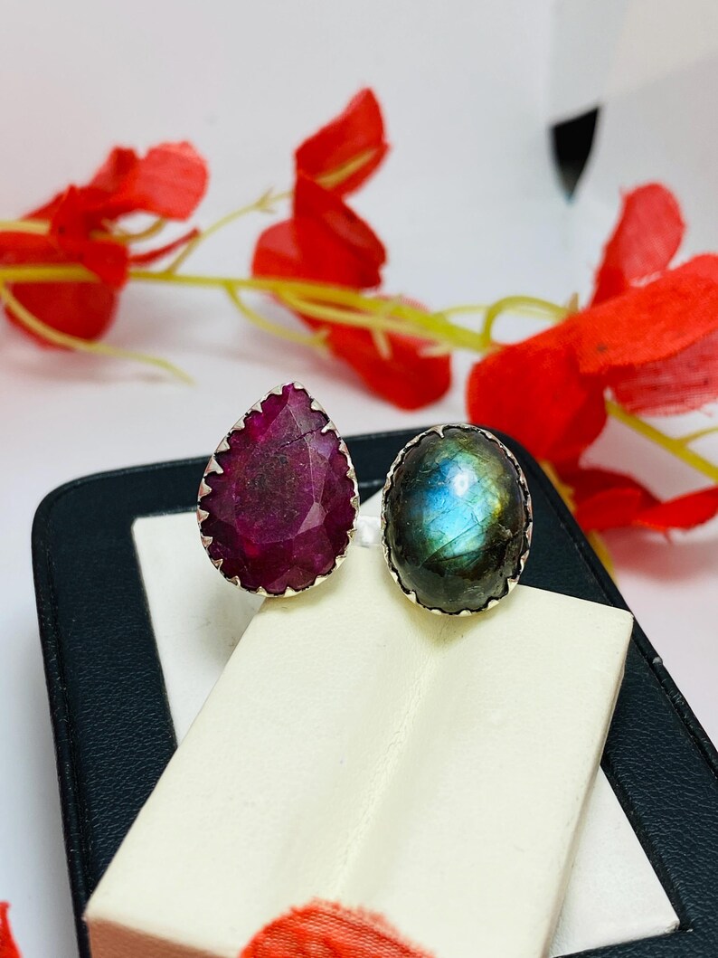 Indian Ruby & Labradorite Ring, 925 Sterling Silver Plated Adjustable-Dual Stone Band Ring, Boho Jewelry image 1