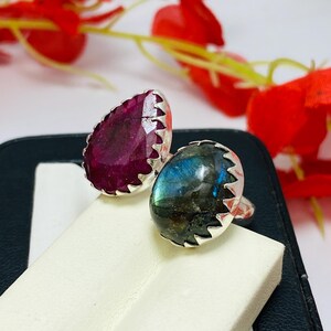 Indian Ruby & Labradorite Ring, 925 Sterling Silver Plated Adjustable-Dual Stone Band Ring, Boho Jewelry image 2