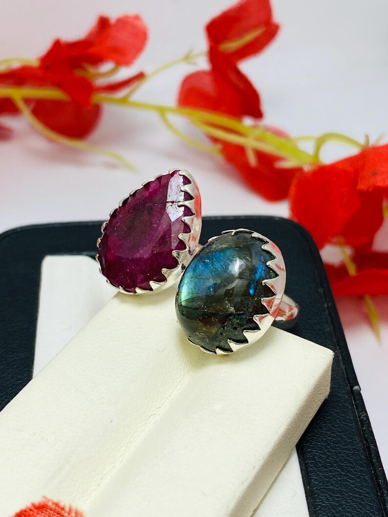 Indian Ruby & Labradorite Ring, 925 Sterling Silver Plated Adjustable-Dual Stone Band Ring, Boho Jewelry image 2