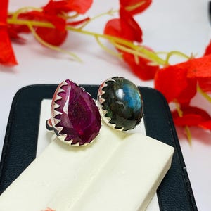 Indian Ruby & Labradorite Ring, 925 Sterling Silver Plated Adjustable-Dual Stone Band Ring, Boho Jewelry image 4