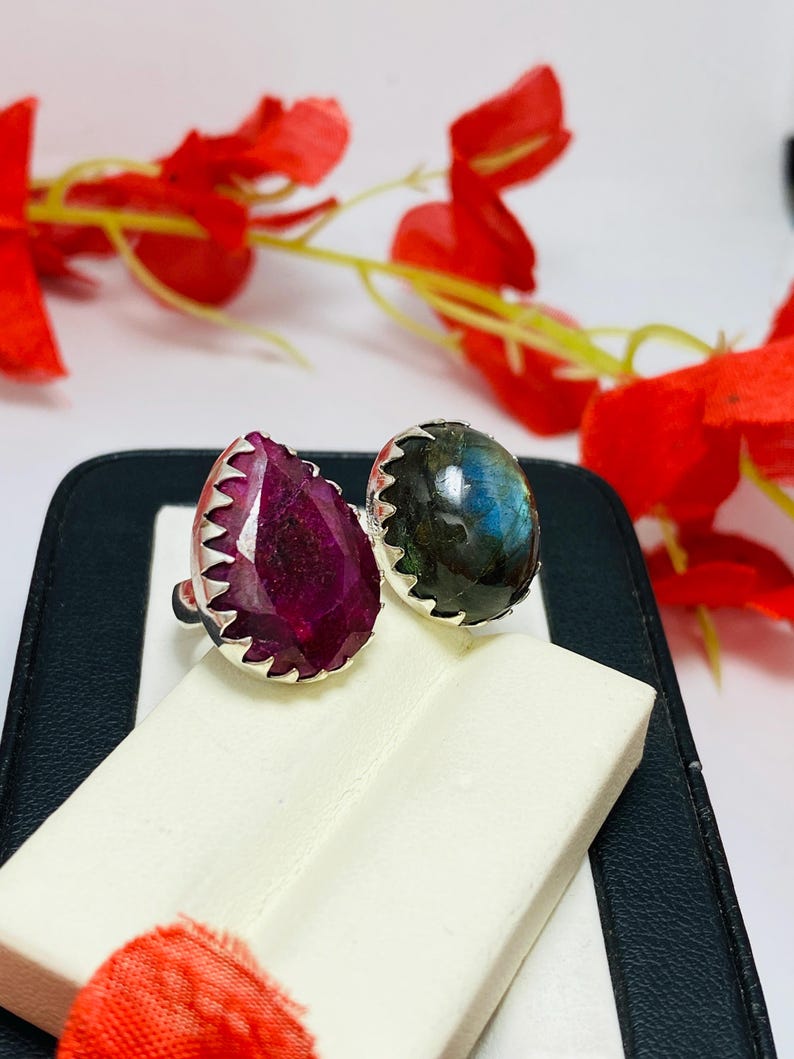 Indian Ruby & Labradorite Ring, 925 Sterling Silver Plated Adjustable-Dual Stone Band Ring, Boho Jewelry image 4