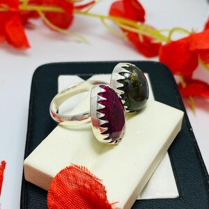Indian Ruby & Labradorite Ring, 925 Sterling Silver Plated Adjustable-Dual Stone Band Ring, Boho Jewelry image 3
