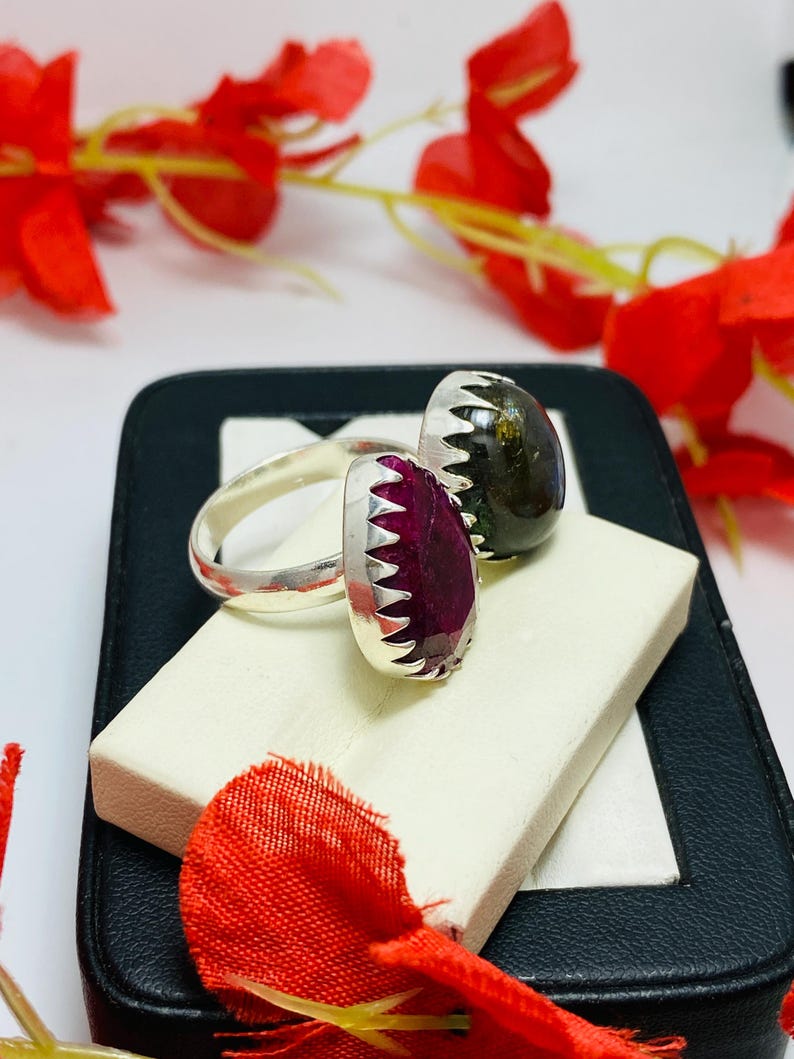 Indian Ruby & Labradorite Ring, 925 Sterling Silver Plated Adjustable-Dual Stone Band Ring, Boho Jewelry image 3