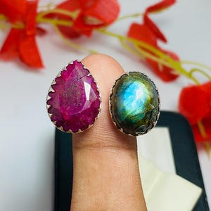 Indian Ruby & Labradorite Ring, 925 Sterling Silver Plated Adjustable-Dual Stone Band Ring, Boho Jewelry image 5