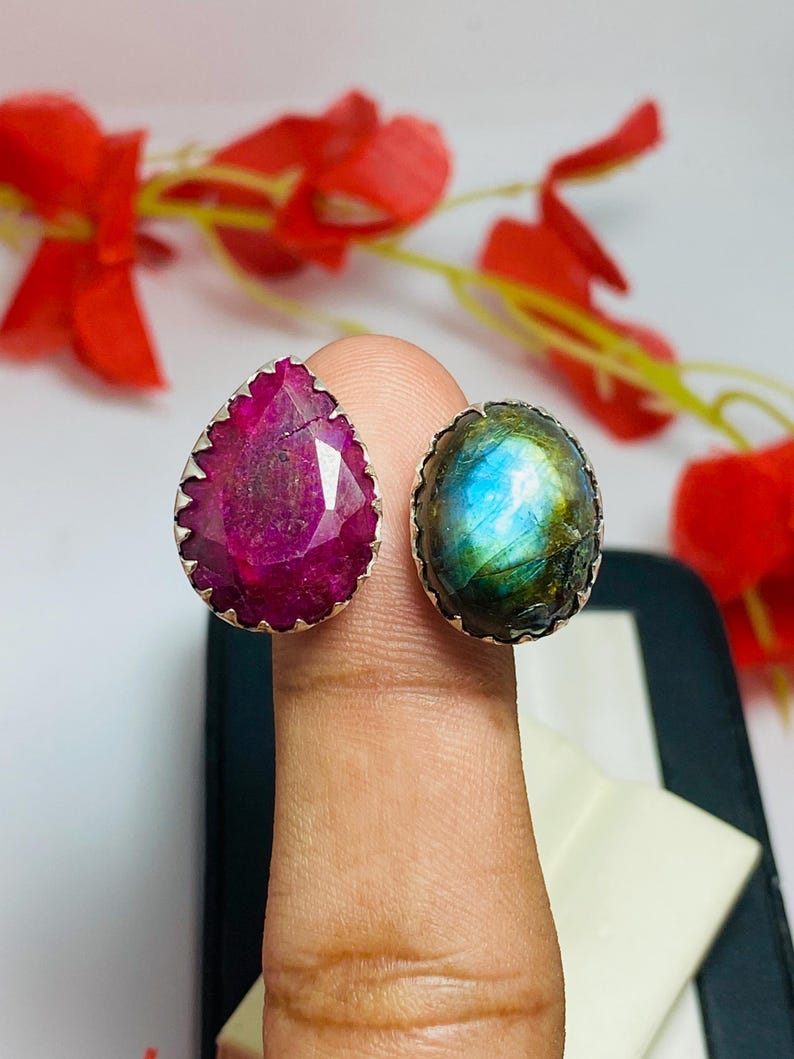 Indian Ruby & Labradorite Ring, 925 Sterling Silver Plated Adjustable-Dual Stone Band Ring, Boho Jewelry image 5