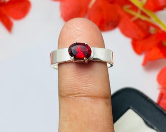 Natural Garnet Ring, 925 Sterling Silver plated, Four Prong Band Ring, Gift For Her