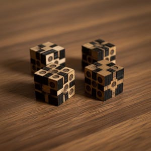 Könnte beinhalten: Vier Holz-Puzzle-Würfel mit geometrischem Design. Jeder Würfel besteht aus hellen und dunklen Holzblöcken, die in einem sich wiederholenden Muster angeordnet sind. Die Würfel werden auf einer Holzoberfläche präsentiert.