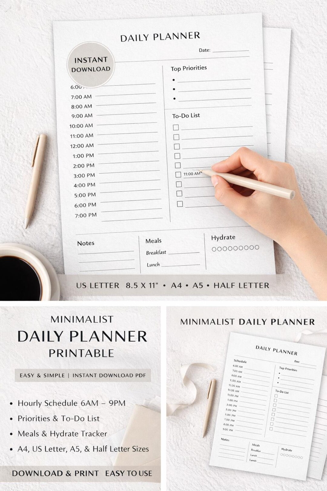 Minimalist Daily Planner Printable | Daily Schedule Planner | To-do ...