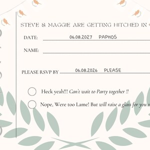 May include: Wedding RSVP card with text: "STEVE & MAGGIE ARE GETTING HITCHED IN CYPRUS". The card has a light beige background with decorative floral elements in green and orange. Includes fields for date, name, and RSVP information.