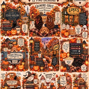 Puede incluir: Una colección digital de 12 diseños PNG con temática otoñal que incluye follaje, calabazas, cafeterías acogedoras, pilas de libros, perros, búhos y fantasmas. Las ilustraciones incluyen textos como Cozy Small Town Fall y Stars Hollow.