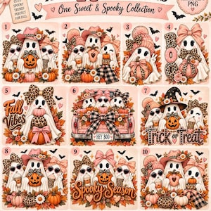 Puede incluir: Una colección digital de 10 ilustraciones con temática de Halloween que muestran fantasmas con calabazas, follaje otoñal, lazos con estampado de leopardo y sombreros. El texto incluye ALL 10 DESIGNS, One Sweet & Spooky Collection, Fall Vibes, HEY BOO, Trick or Treat y Spooky Season.