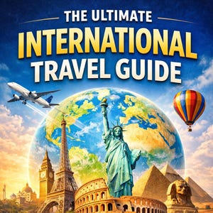 Può includere: Una copertina colorata di una guida turistica con il titolo "THE ULTIMATE INTERNATIONAL TRAVEL GUIDE". L'immagine presenta monumenti iconici come la Torre Eiffel, la Statua della Libertà e il Colosseo, insieme a una mappa del mondo, un passaporto e un aereo.