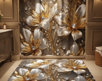 Dywanik łazienkowy z motywem kwiatowym w kolorze złotym i srebrnym | Luksusowy dywanik łazienkowy z motywem kwiatowym