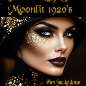 May include: A black cloche hat adorned with gold and clear crystals, worn by a person with gold-dusted skin, dark lipstick, and dramatic eye makeup. Text reads: Visions Of The Moonlit 1920's, Where Jazz Age glamour meets modern fantasy, MssClassy.