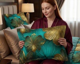 Teal Gold Blumen Kissen Sham | Weiche Mikrofaser geprägte Blüten