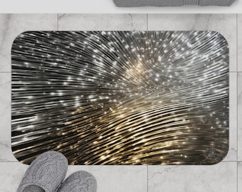 Gold and Silver Light Streaks Bath Mat | Abstract Starburst Design