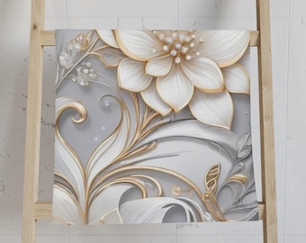 Ręcznik do rąk z białym złotym wzorem kwiatowym | Elegancki wzór lotosu 3D