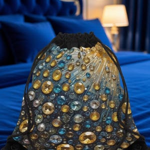 Puede incluir: Una mochila con cordón con un diseño de joyas. La bolsa presenta un patrón de gemas doradas, azules y transparentes sobre un fondo oscuro. La parte superior de la bolsa es negra, con cordones negros.