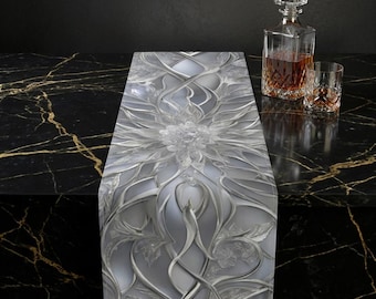 シルバーフィリグリー花柄テーブルランナー | シルバーグレーのエレガントなパターン