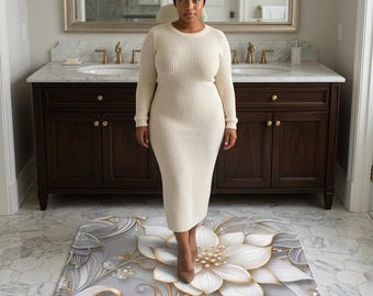 Gold & Ivory Floral Bath Mat | Elegant 3D Flower Scroll Design