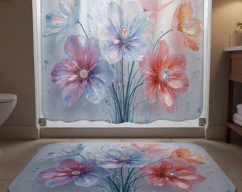 Tappetino da bagno con fiori ad acquerello pastello / Tappeto floreale per il bagno, morbido e soffice