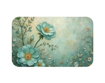 Türkis Blumen Badematte | Vintage Aquarell Blumen
