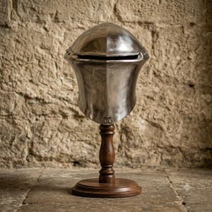 Handgemaakte middeleeuwse helm met kikkerbekvorm. Replica op houten standaard | Ridderharnas verzamelobject | Historische woondecoratie.
