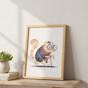 Whimsical Old Cat Art Print, Ginger Tabby with Scarf (Digital Download)