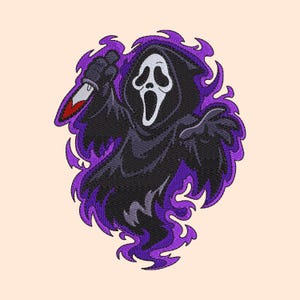 May include: An embroidered patch featuring a hooded figure with a white mask, black robe, and a knife with a red blade. The figure is surrounded by purple flames, creating a vibrant contrast against the dark colors of the central character.