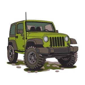 May include: An embroidered design of a lime green off-road vehicle with dark grey fenders, bumpers, and a soft top. The vehicle features a seven-slot grille, round headlights, and large knobby tyres, depicted sitting on a patch of textured ground.