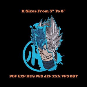 Op de afbeelding: Geborduurd ontwerp met een gesplitste afbeelding van een personage met blauw en zilver haar, tegen een zwarte achtergrond. Het ontwerp bevat de tekst "11 Maten Van 7.6cm Tot 20.3cm" en bestandsformaat afkortingen.