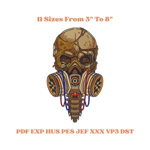 May include: An embroidered design featuring a skull wearing a gas mask. The skull is tan and brown, with the gas mask in shades of tan, orange, blue, and red. Text at the top reads "11 Sizes From 3" To 8".