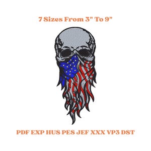 May include: Embroidered skull design with a gray skull and a bandana featuring the American flag. The design is available in 7 sizes, ranging from 3 to 9 inches. The text "7 Sizes From 3" To 9"" is displayed above the skull.