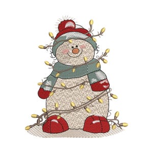 Christmas Snowman Machine Embroidery Design, String Lights with Winter Hat and Scarf, 7 Sizes