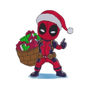May include: An embroidered character design featuring a red and black masked figure wearing a red Santa hat with white trim. The figure holds a brown woven basket filled with green and red wrapped gifts and gives a thumbs up gesture.