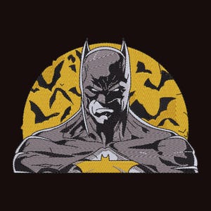 May include: An embroidered patch featuring a gray and black Batman figure centered against a circular yellow background filled with black bat silhouettes. The design shows the character from the chest up with a pointed cowl and cape.