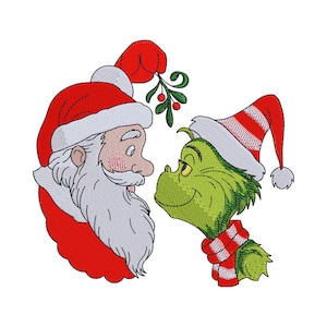 May include: An embroidered design featuring the profile of Santa Claus in a red hat and white beard, holding a sprig of green mistletoe with red berries above a green creature wearing a red and white striped hat and a matching striped scarf.