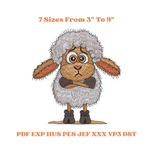 Disegno per ricamo di pecora, file per ricamo a macchina di agnello in stile cartone animato, 7 misure da 3 a 9 pollici