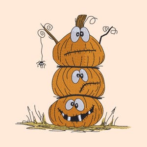 May include: Embroidered design of three stacked pumpkins with expressive faces, a spider hanging from a vine, and grass at the base. The pumpkins are orange with black stitching and white eyes, perfect for Halloween decor.