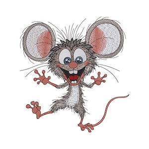 Könnte beinhalten: Ein gesticktes Design einer Cartoon-Maus mit großen Ohren, weit aufgerissenen Augen und einem breiten Grinsen, das zwei Vorderzähne zeigt. Die Maus hat zotteliges braunes Fell, einen hellgrauen Bauch und rosa-rote Akzente an Ohren, Nase und Füßen.