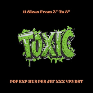 Puede incluir: Fondo negro con la palabra "TOXIC" en estilo grafiti verde, contorneada en blanco. El texto gotea con acentos verdes. Encima, "11 Tamaños De 7.6 cm A 20.3 cm" y debajo, "PDF EXP HUS PES JEF XXX VP3 DST".