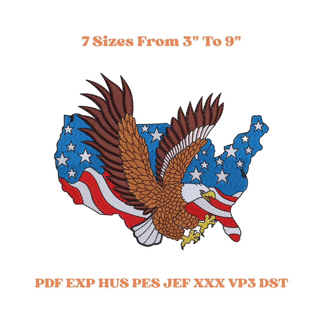 American Eagle Embroidery Design, USA Flag Map, 3-9 Inch Digital File ...