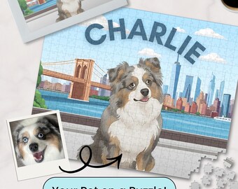 Custom Pet Puzzle – Personalized Dog or Cat Cartoon from Photo – NYC Skyline Design