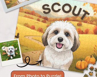 Custom Pet Puzzle from Photo – Cartoon Dog or Cat with Fall Background – Personalized Gift