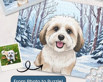 Custom Pet Puzzle from Photo – Personalized Cartoon Dog or Cat, Winter Background Jigsaw Gift