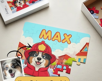 Custom Dog Puzzle – Personalized Firefighter Pet Portrait Jigsaw for Kids