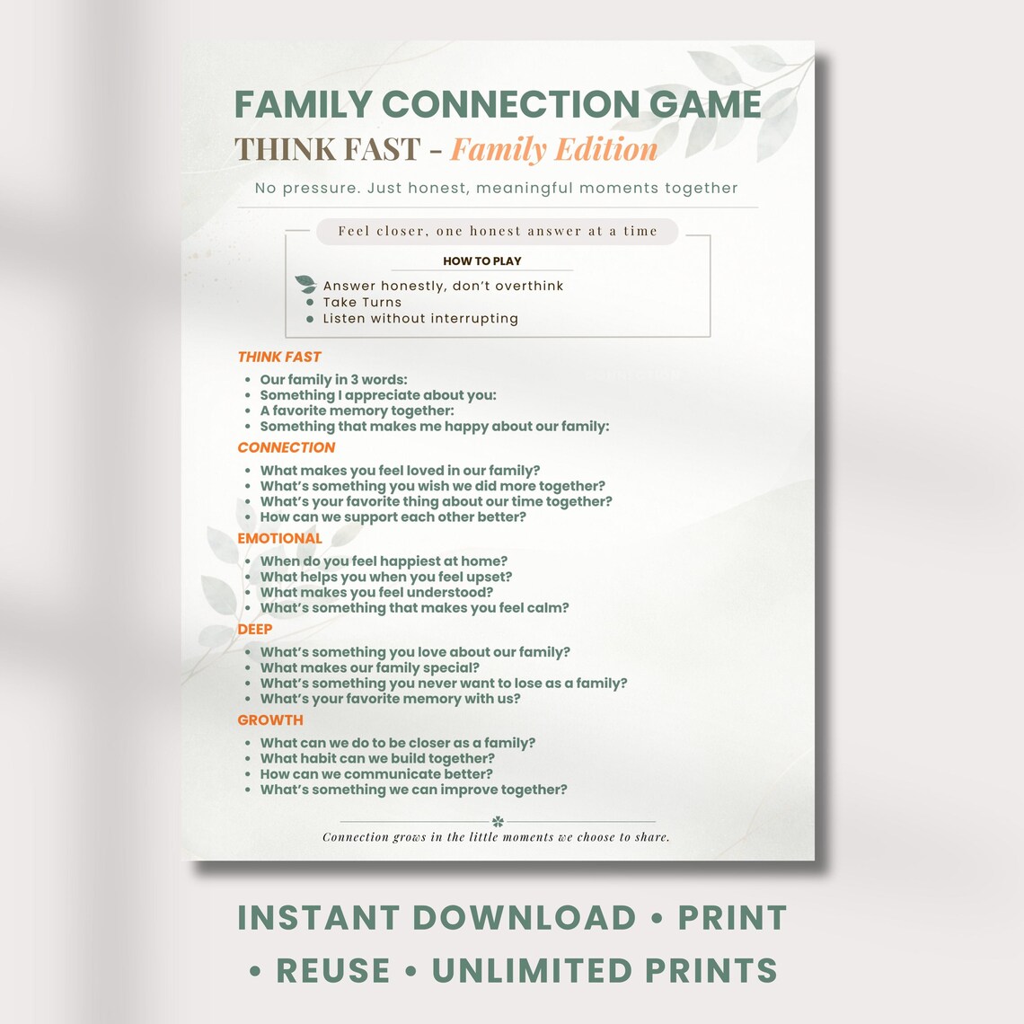 Family Connection Game Printable | Think Fast Questions | Family ...